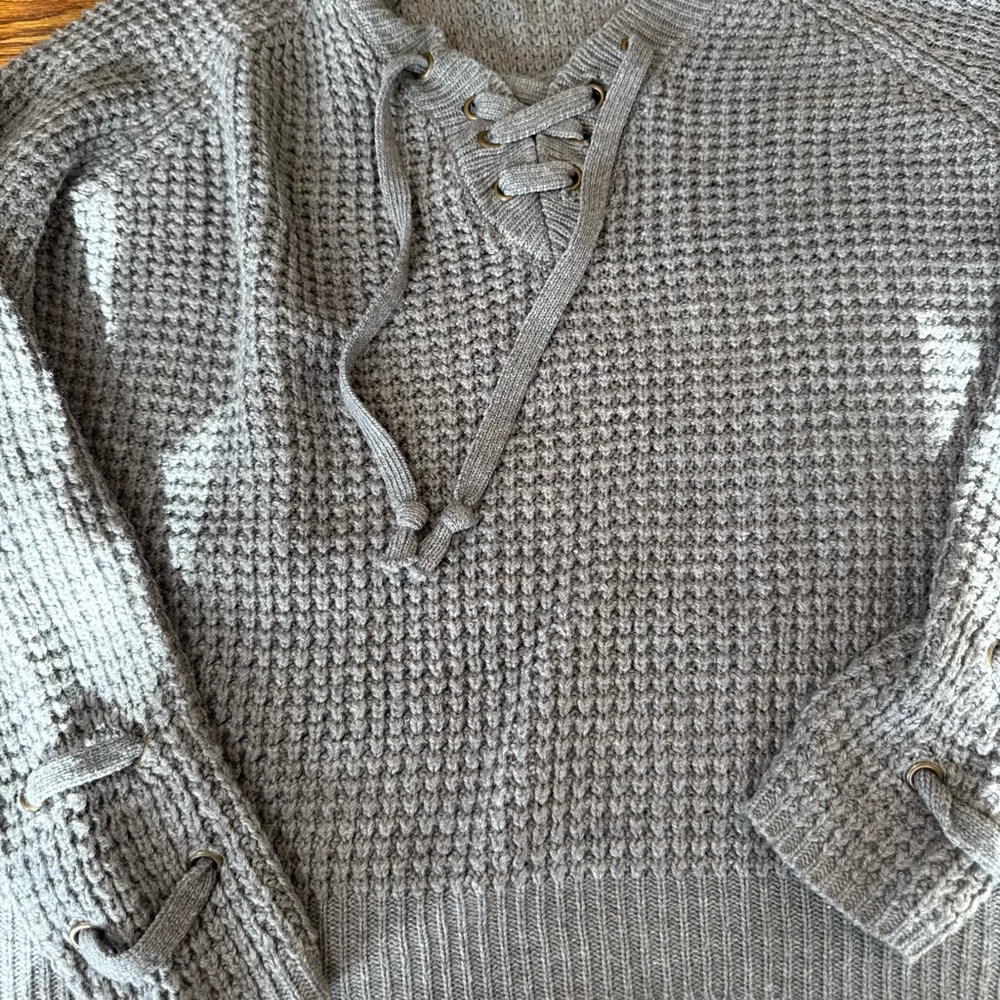 It's Our Time Gray V-Neck Lace-Up Sweater